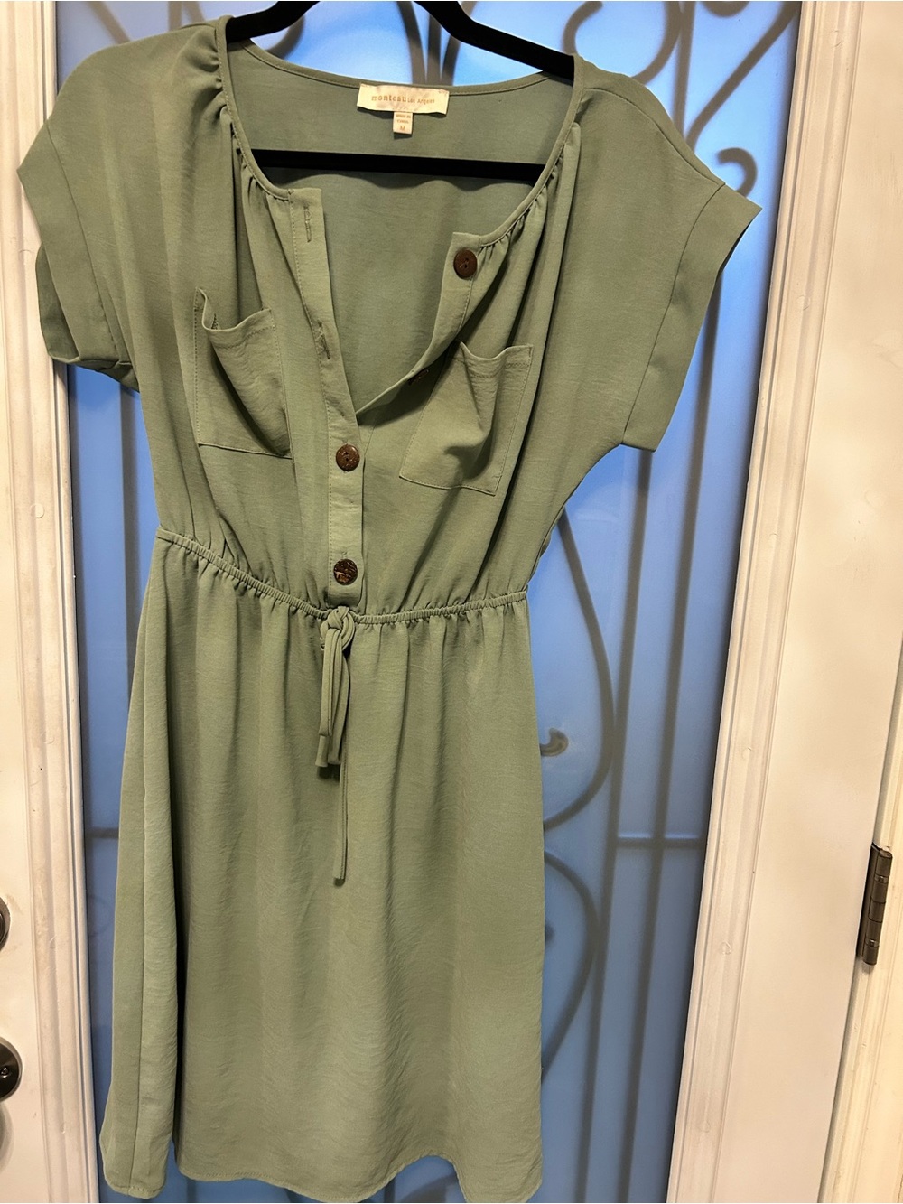 Monteau Sage Green Drawstring Shirt Mini Dress